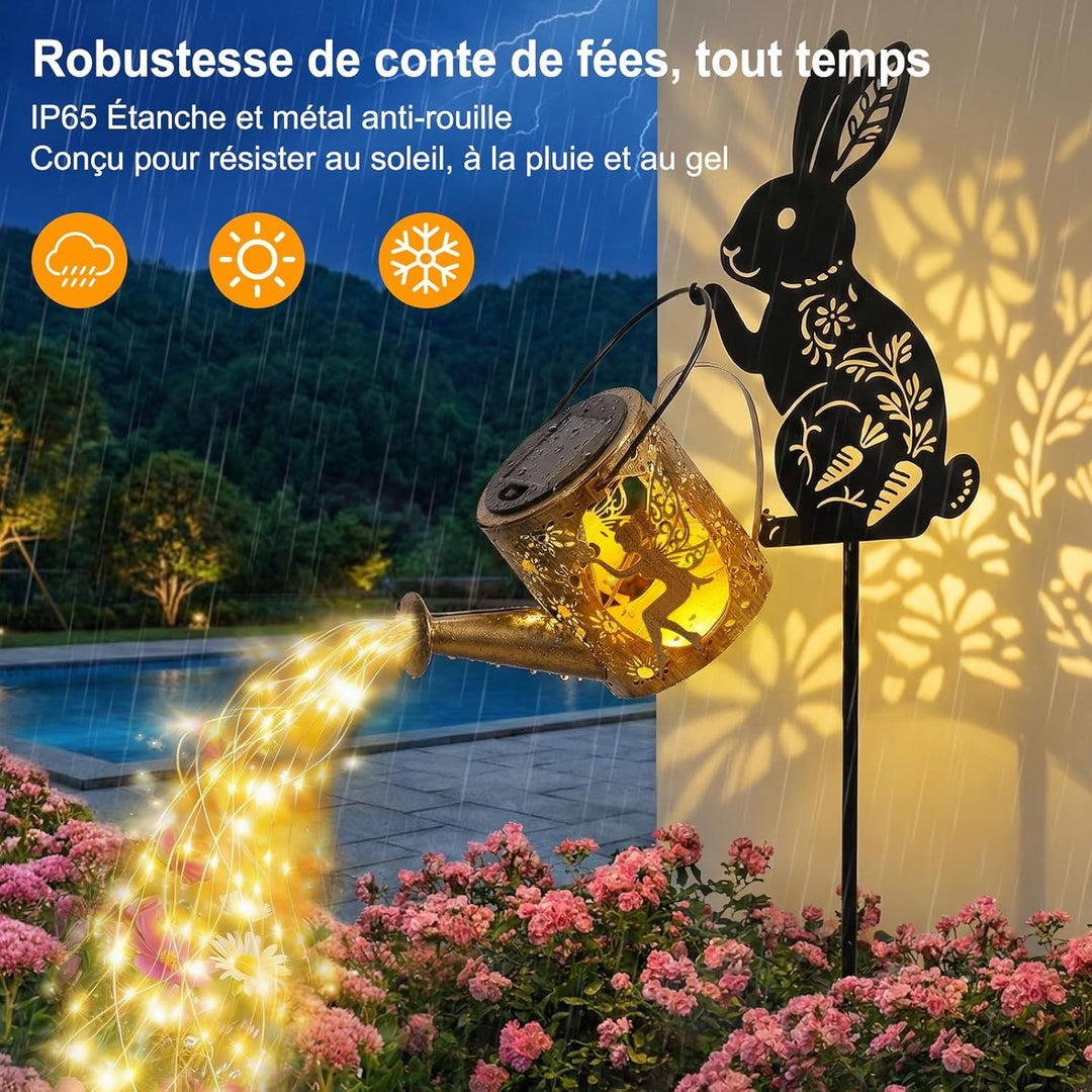 Solargiesskanne-Licht mit Hasen-Silhouette-Stecker & Feendesign – Kaskaden-LED-Lichterkette für Gart