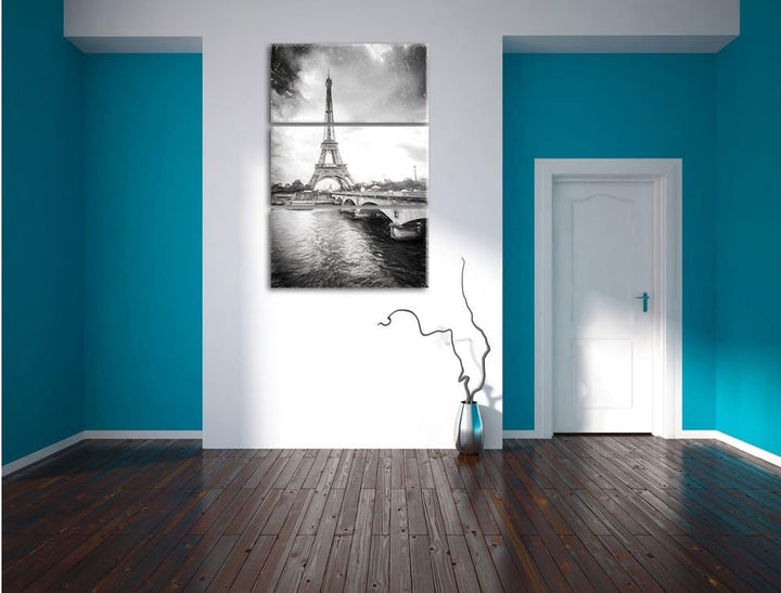 Pixxprint Eiffelturm in Paris Kunst Kohle Effekt 3-Teiler Leinwandbild 120x80 Bild auf Leinwand, rie
