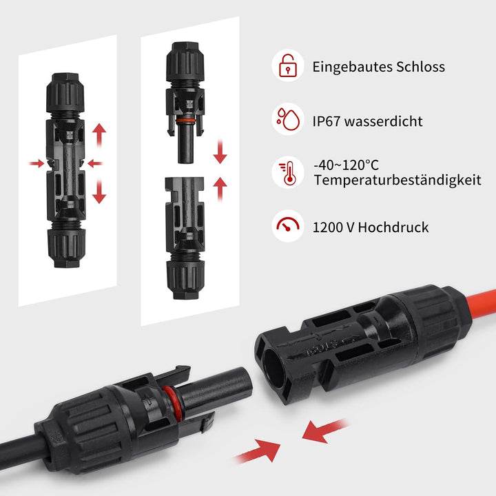 Solarkabel 4mm² 15M x 2 Solar Verlängerungskabel mit Solarstecker, Solar Verlängerung Photovoltaik K