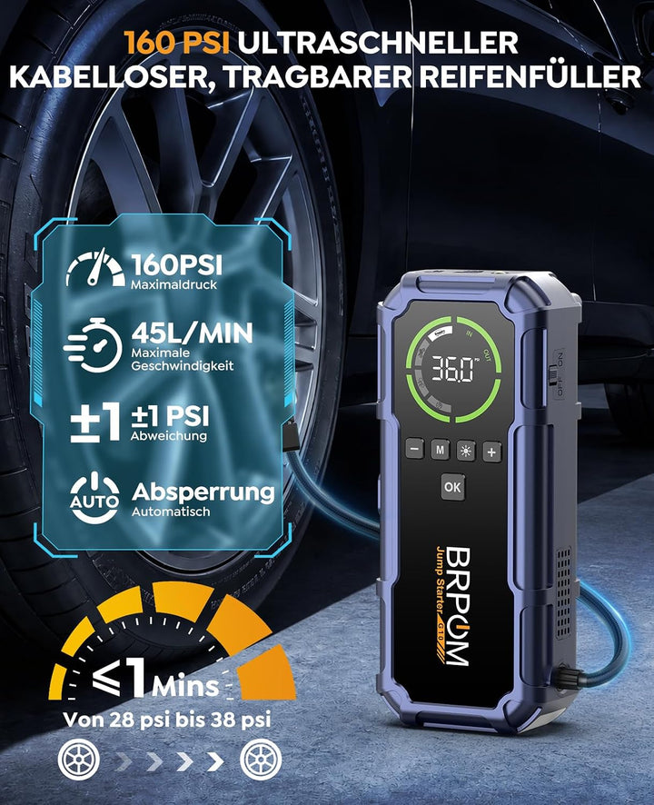 BRPOM Starthilfe Powerbank für Pkw mit Kompressor 160PSI,8000A Auto Starthilfe Powerbank für All Ben