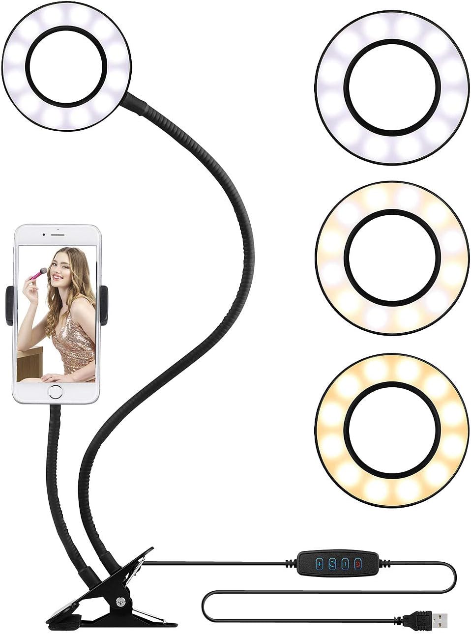 Somikon Foto Licht: USB-Ringlicht mit Smartphone-Halter & Fernauslöser, Ø 3,5" / 9 cm (LED Ringlicht