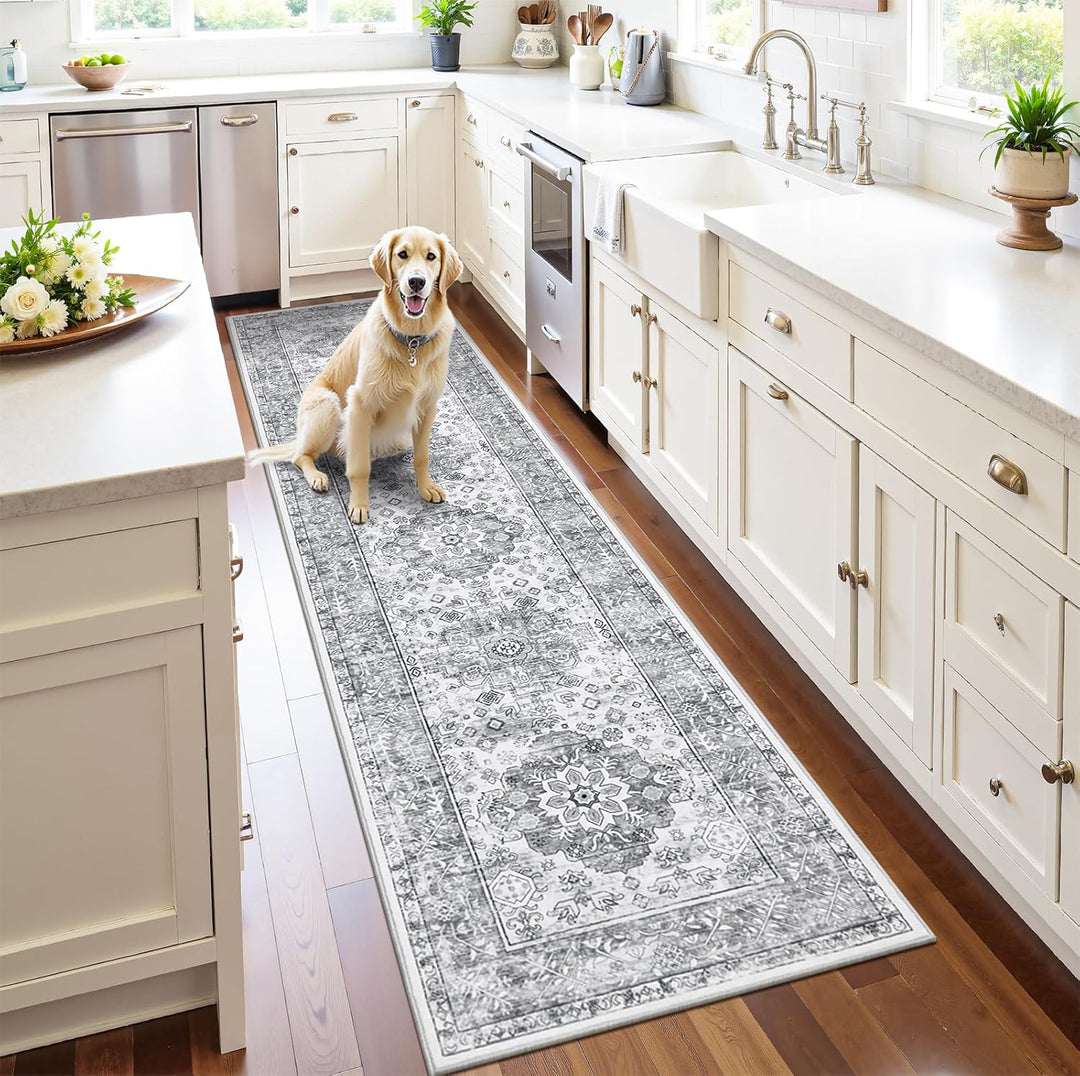 Enyhom Teppich Läufer, 60 x 240 cm Grau Extra Lange Läufer Teppiche für Flur rutschfest Waschküche M