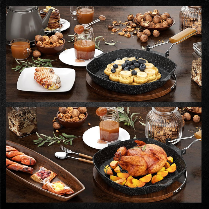 Grillpfanne Induktion gerillt, 24 x 24 cm steinbeschichtet Antihaft-Pfanne Feuerpfanne, Pfanne Induk