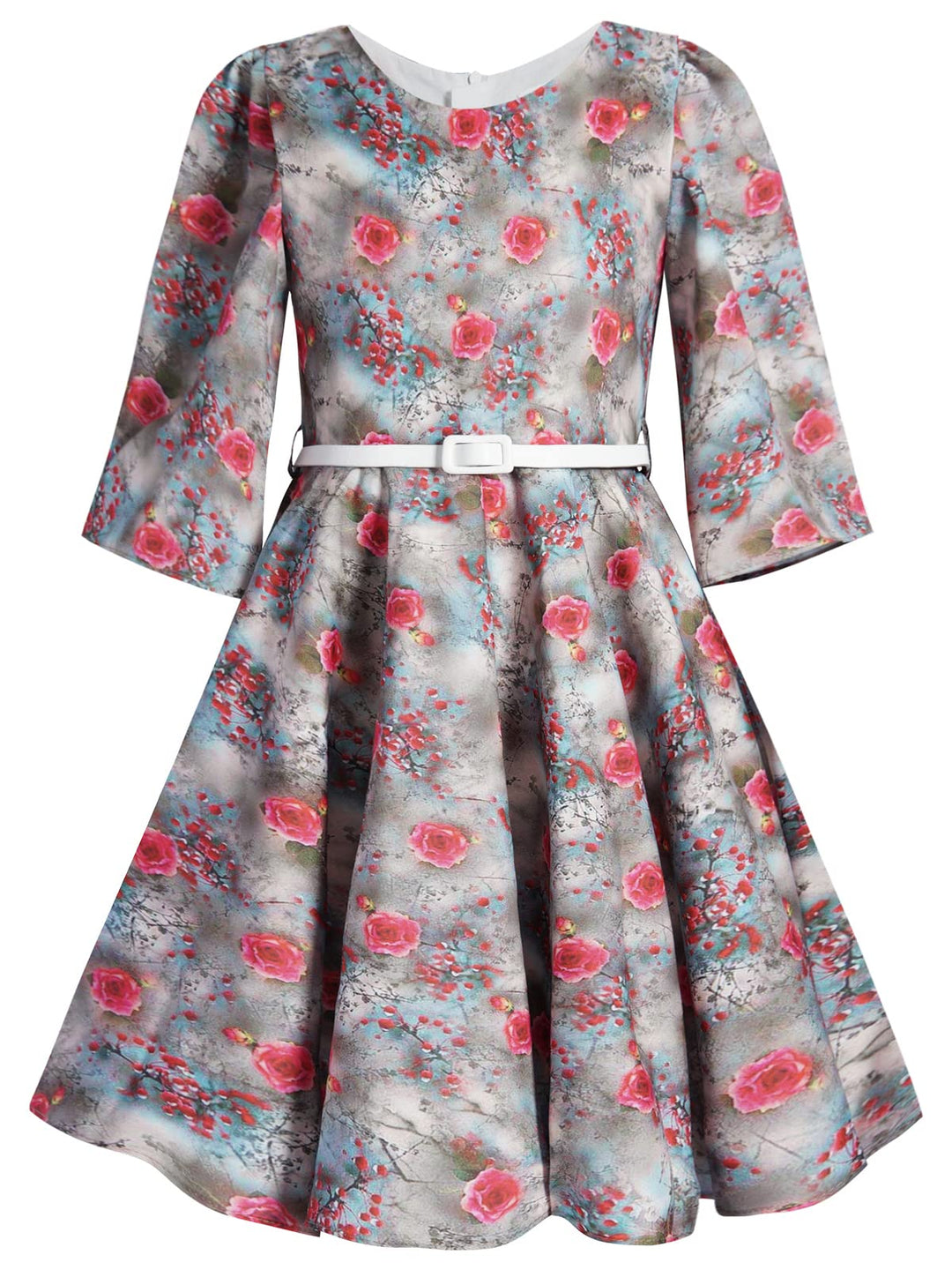 BONNY BILLY Mädchen Kleider Vintage Blumen Festlich Hochzeit Elegant Kinder Kleid mit Gürtel 8-9 Jah