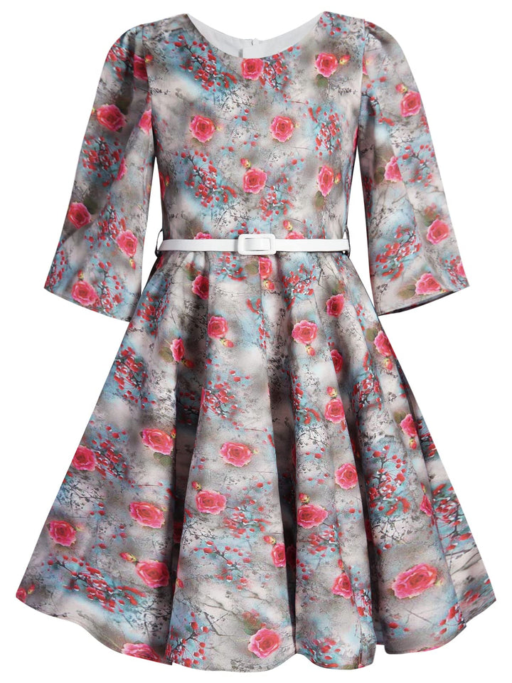 BONNY BILLY Mädchen Kleider Vintage Blumen Festlich Hochzeit Elegant Kinder Kleid mit Gürtel 8-9 Jah
