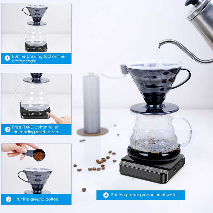 Brifit Mini Kaffeewaage mit Timer, Espresso Waage 2kg/0.1g, Feinwaage mit 3 Masseinheit, USB Wiedera