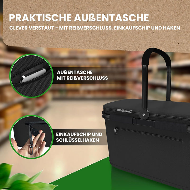 Thermo Einkaufskorb Kühltasche gross | isolierter Einkaufskorb mit Deckel, verstärktem Boden, Frontf