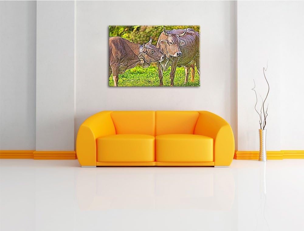 Kuhbullen auf Weide Deluxe Format: 100x70 cm auf Leinwand, XXL riesige Bilder fertig gerahmt mit Kei