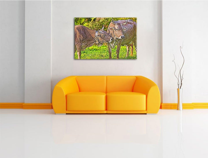 Kuhbullen auf Weide Deluxe Format: 100x70 cm auf Leinwand, XXL riesige Bilder fertig gerahmt mit Kei