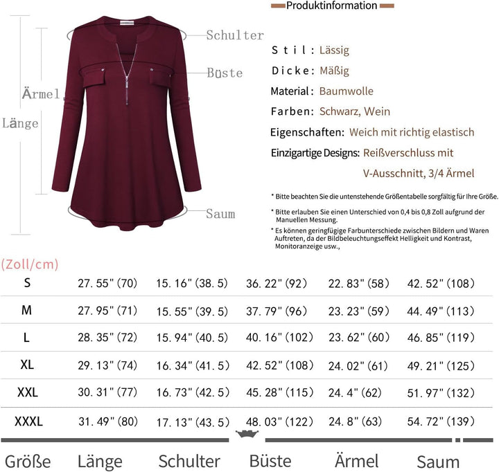 Siddhe Damen V-Ausschnitt Bluse 3/4 Ärmel Tunika Reissverschluss Langshirt Langarm Hemd Tops T-Shirt
