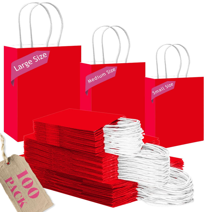 Gcardist Rot Papiertüten mit Henkeln, Grosspackung mit 100 Stück in verschiedenen Grössen (gross – 3