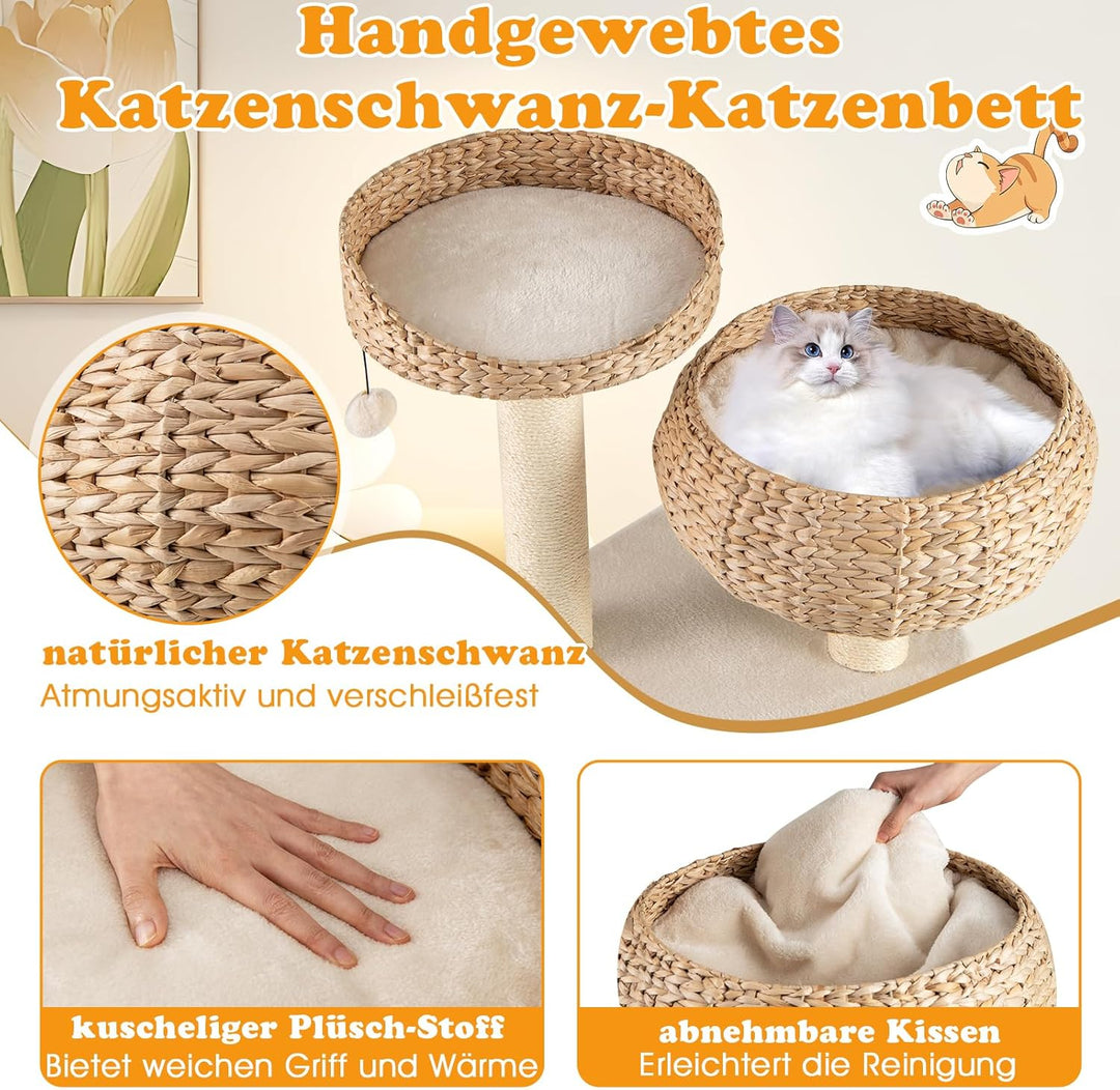 GYMAX Kratzbaum 104 cm, Katzenbaum Rattan mit Korb, Sisalstämme, Hängender Ball &amp; eine Schlinge, Sta