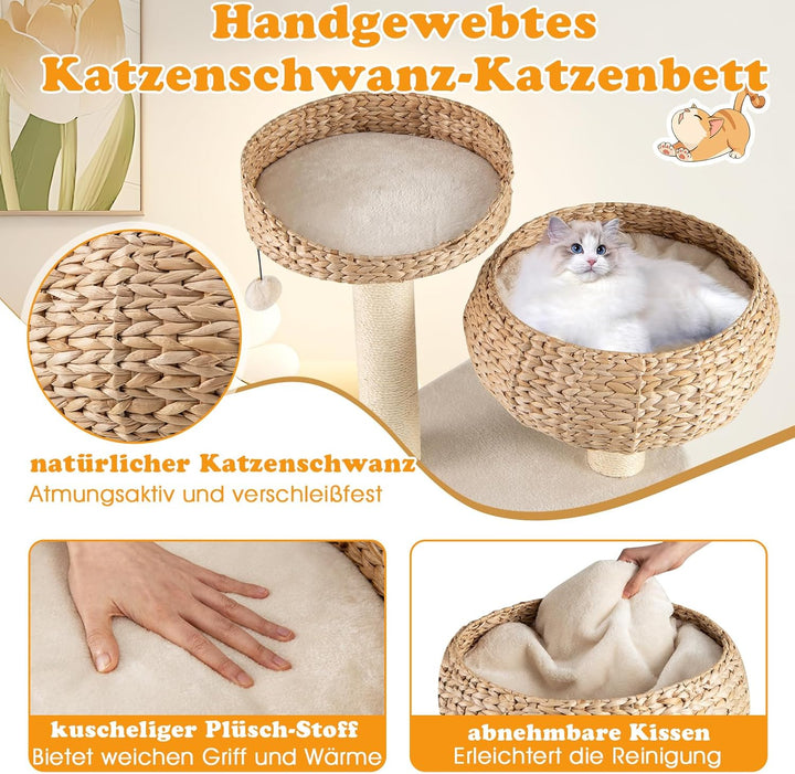 GYMAX Kratzbaum 104 cm, Katzenbaum Rattan mit Korb, Sisalstämme, Hängender Ball &amp; eine Schlinge, Sta
