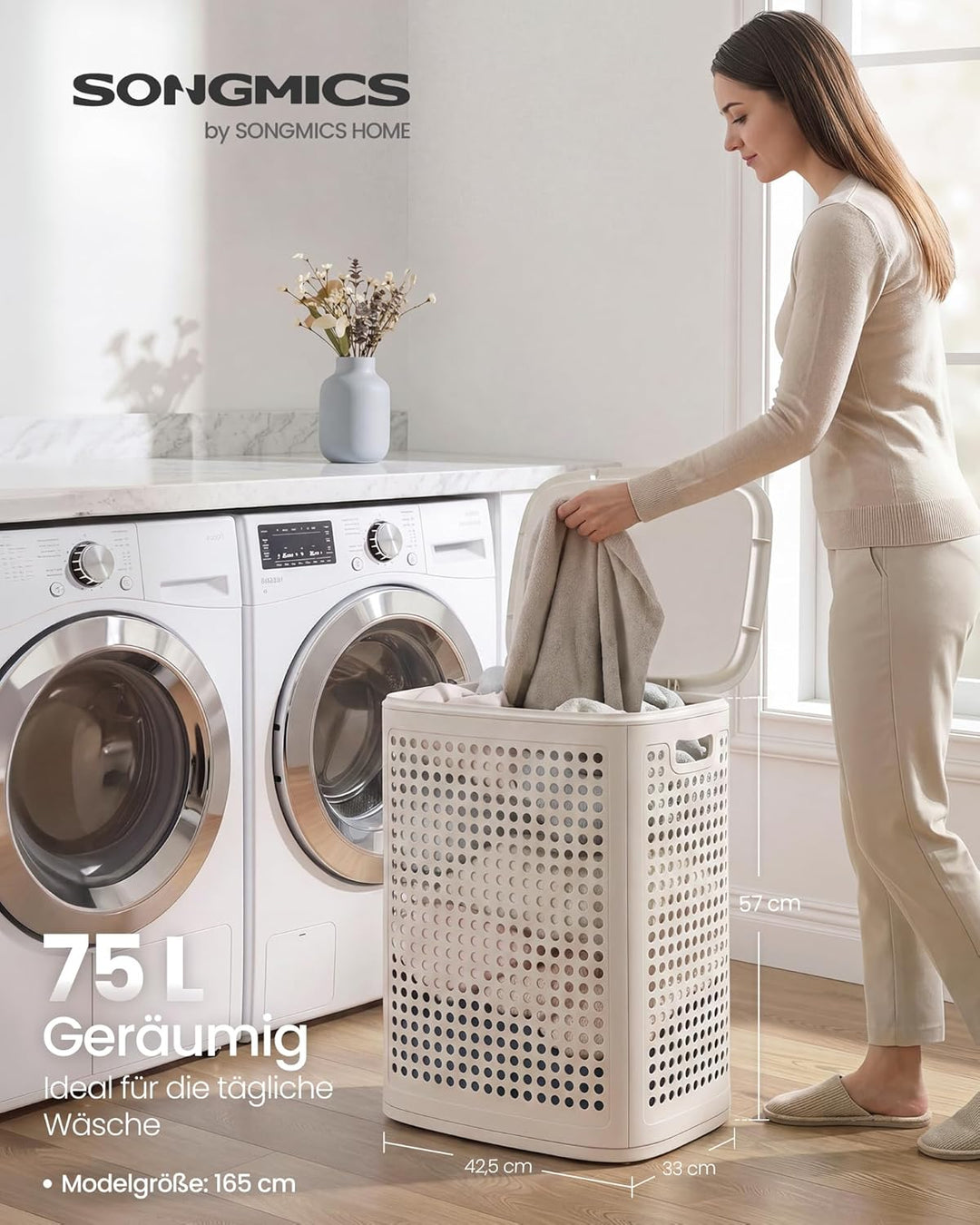 SONGMICS Wäschekorb mit Deckel, Wäschesammler Plastik, 75 L, Wäschetonne schmal, Wäschebox platzspar