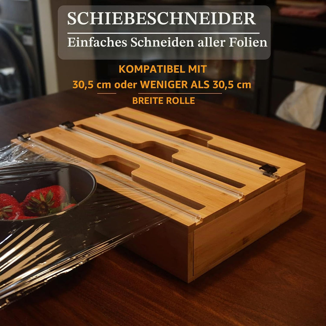 Folienschneider Küche Schublade Kompatibel mit 12" Rollen, 3 in 1 Frischhaltefolienspender Pergament