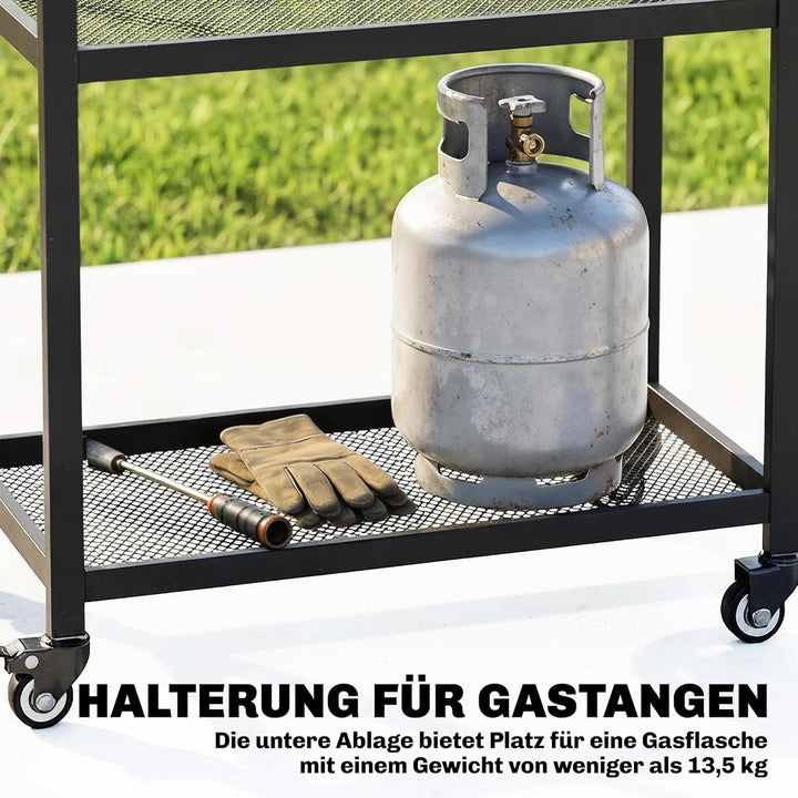 Outsunny Grillwagen 3-Etagen Servierwagen mit Arbeitsfläche verstellbar Ablagen Haken Räder, BBQ Gri