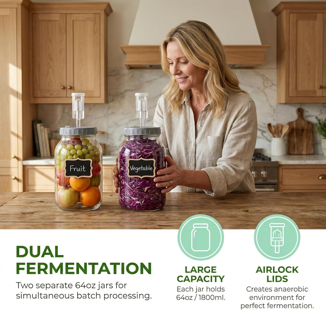 2 Stück Fermentierglas 2L mit Deckel Fermentiergläser Kimchi Behälter Luftschleuse Gärglas mit Etike