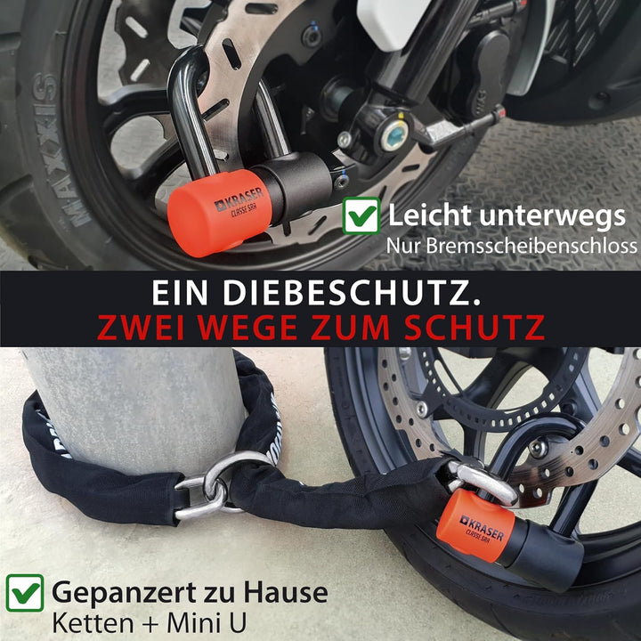 KRASER KR50120L Kettenschloss Schloss Motorrad-Scheibensperre gegen Diebstahl Mini U ø18 + Kette 120