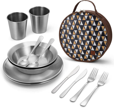 Odoland Campingbesteck Set Geschirrset 13 PCS aus Edelstahl Tafelservice mit Etui Messer Gabel Löffe