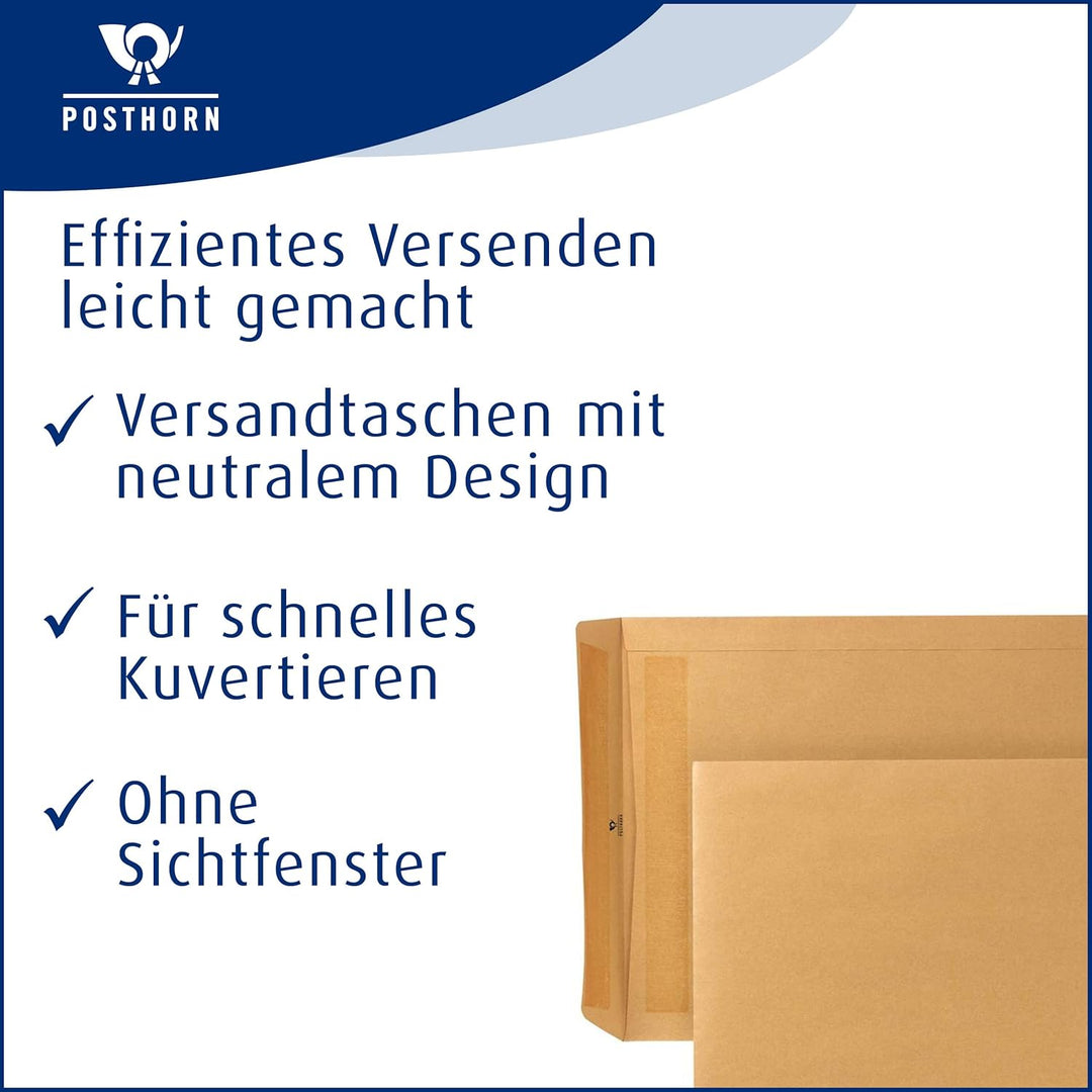 POSTHORN Versandtasche B4 (250 Stück), selbstklebende Versandtaschen ohne Fenster, braune Versandtas