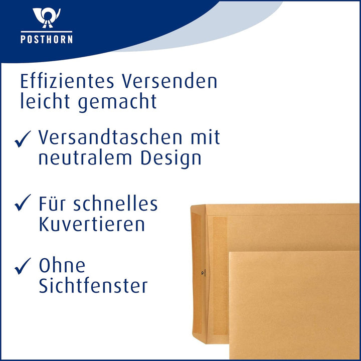 POSTHORN Versandtasche B4 (250 Stück), selbstklebende Versandtaschen ohne Fenster, braune Versandtas