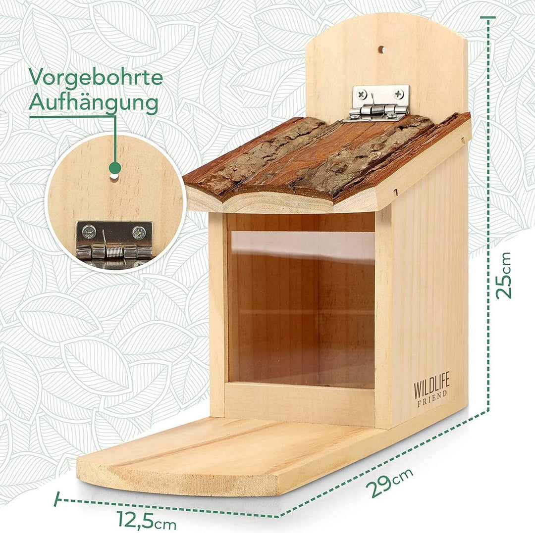 WILDLIFE FRIEND I Eichhörnchen Futterhaus stabil aus Massivholz mit Rindendach - Wetterfest, Futters