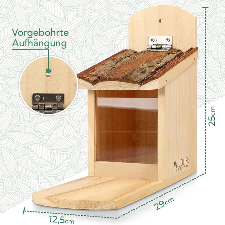 WILDLIFE FRIEND I Eichhörnchen Futterhaus stabil aus Massivholz mit Rindendach - Wetterfest, Futters