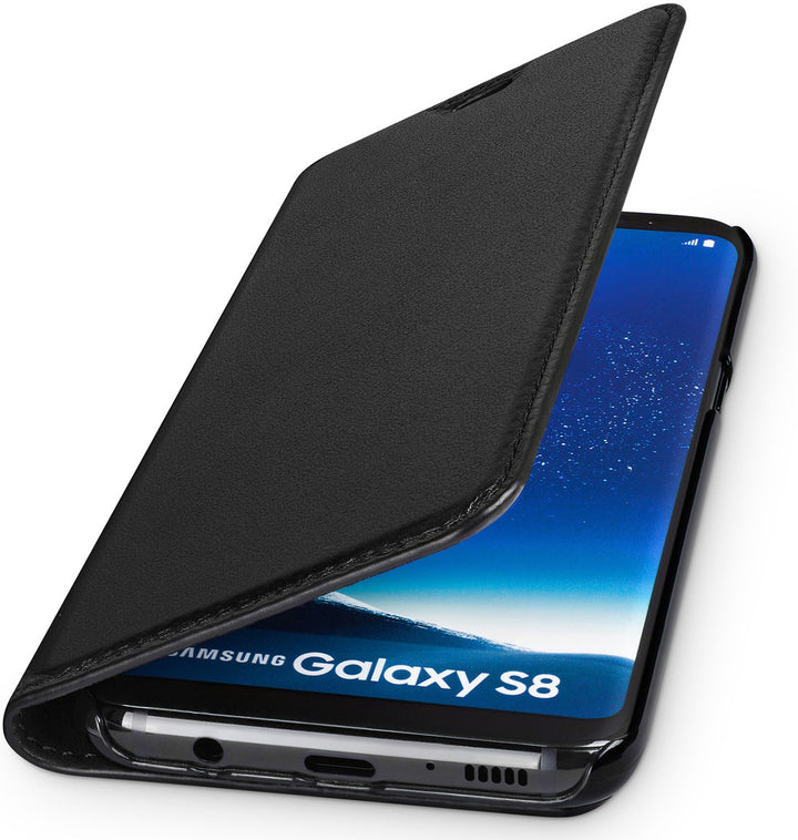 WIIUKA Echt Ledertasche -TRAVEL- für Samsung Galaxy S8 mit Kartenfach, extra Dünn, Tasche Schwarz, L