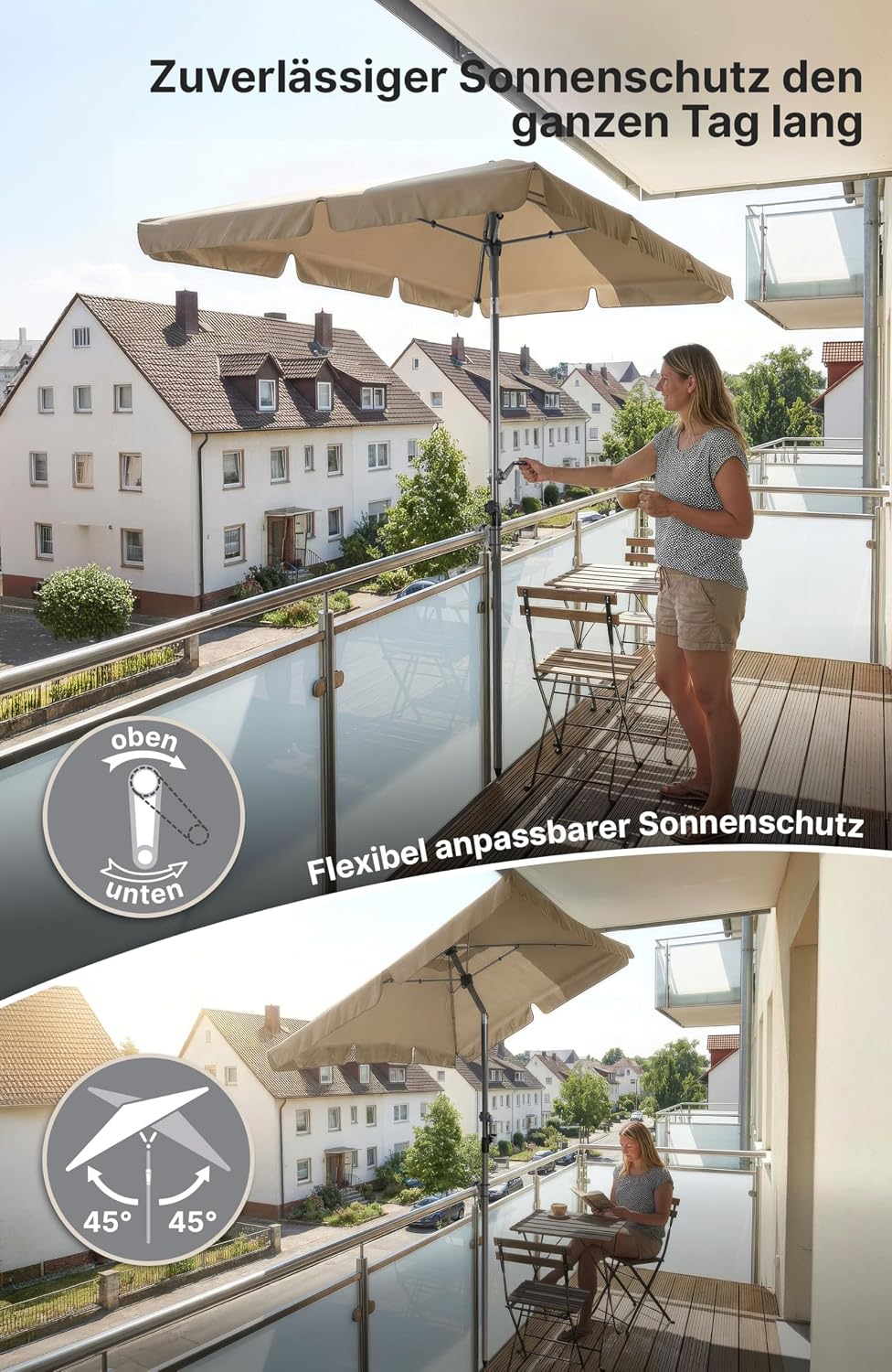 4smile Sonnenschirm Balkon mit Kurbel 200 × 125 cm, Taupe | Sonnenschirm rechteckig, Sonnenschutz Ba