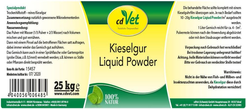 cdVet Kieselgur Liquid Powder 25 kg - Kieselalgen Puder zur Bindung von Feuchtigkeit Flohkot Milbenk