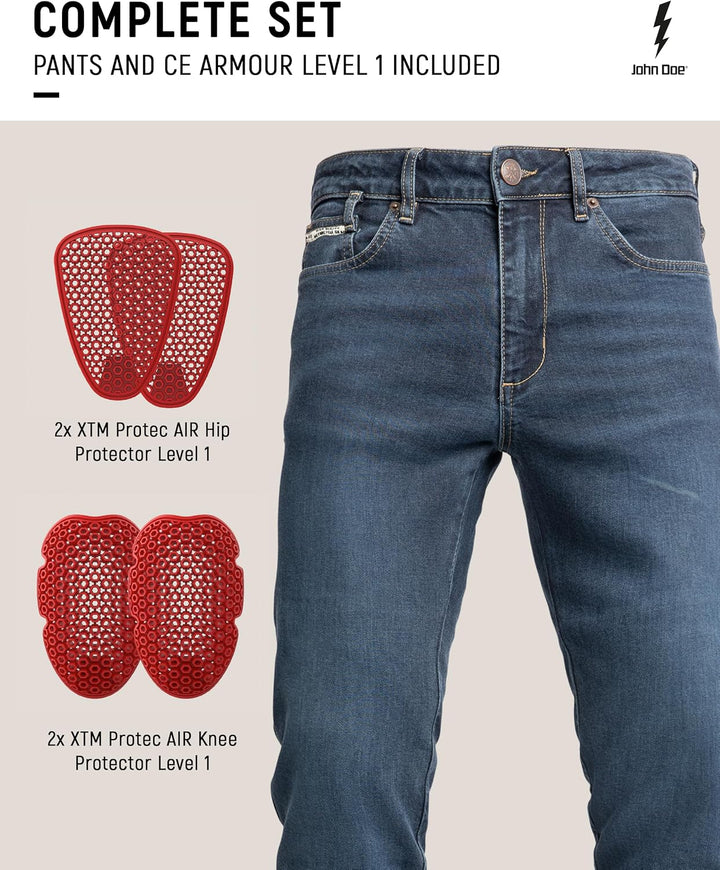 John Doe Taylor Monolayer XTM Motorrad Jeans Stretch Atmungsaktiv mit Protektoren 28W / 32L Indigo,