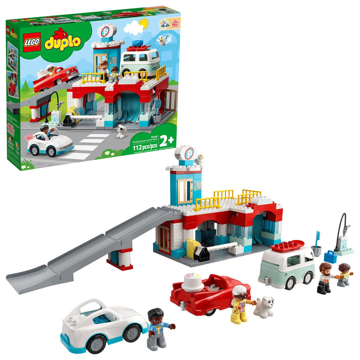 LEGO 10948 DUPLO Parkhaus mit Autowaschanlage mit Spielzeugauto, Wohnmobil und Rennauto, Garagen-Spi