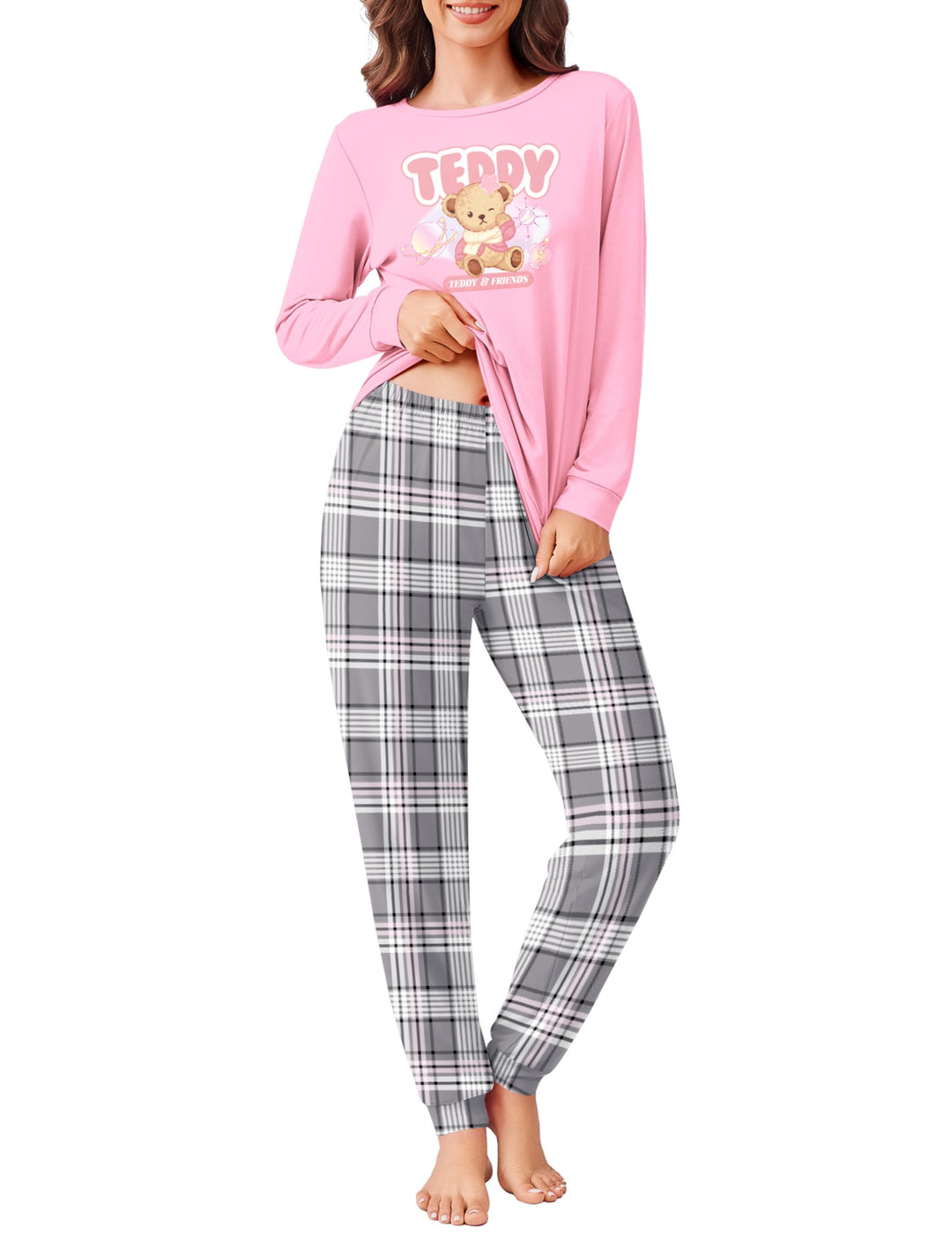 Ekouaer Schlafanzug Damen Lang Kuschelig Pyjama Set mit Bündchen Kariert Pyjamahose mit Tasche Pink