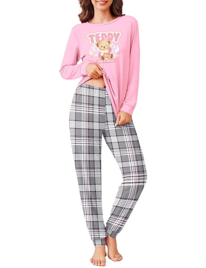 Ekouaer Schlafanzug Damen Lang Kuschelig Pyjama Set mit Bündchen Kariert Pyjamahose mit Tasche Pink