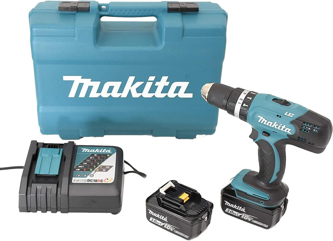 Makita dhp453rfx4 Bohrmaschine Schlagschrauber DHP453Z + 2 Akkus 18 V 3 Ah Li-Ion + 74 Zubehör + Tra