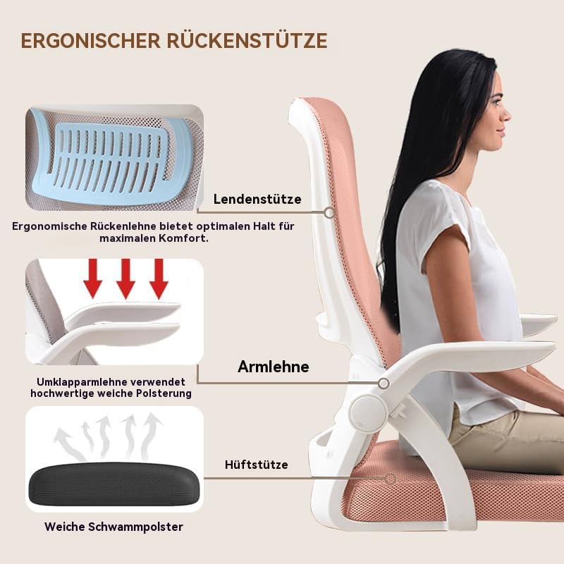 Bürostuhl,Ergonomischer Drehstuhl mit Atmungsaktiver Mesh-Rückenlehne,360°DrehstuhlHochk,lappbaren A