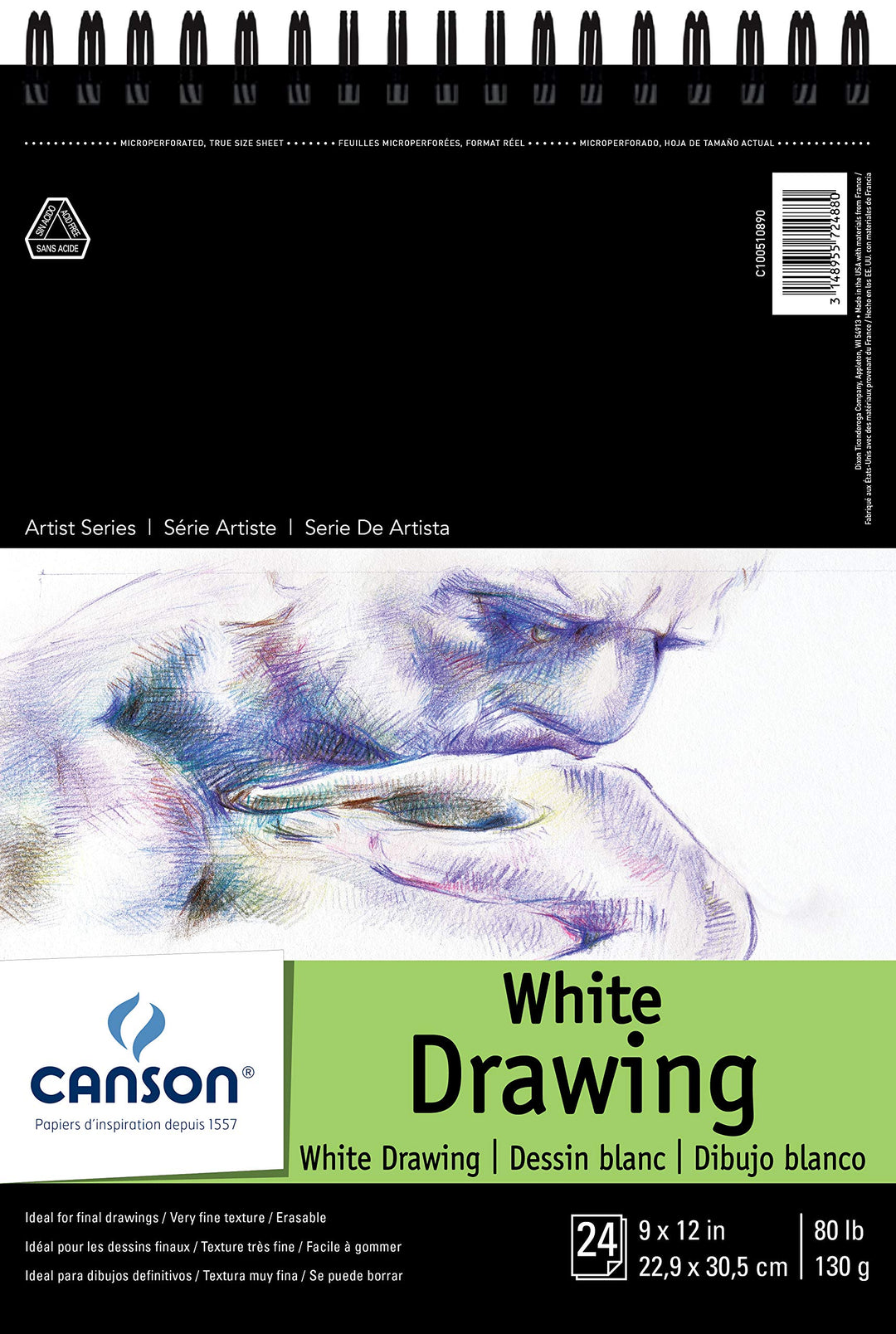Canson Artist Series 1557 Pure White Drawing Paper Pad, Fine Texture, Top Wire Bound, 80 Pound, 9 x