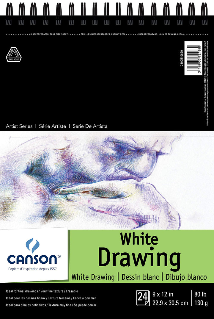 Canson Artist Series 1557 Pure White Drawing Paper Pad, Fine Texture, Top Wire Bound, 80 Pound, 9 x