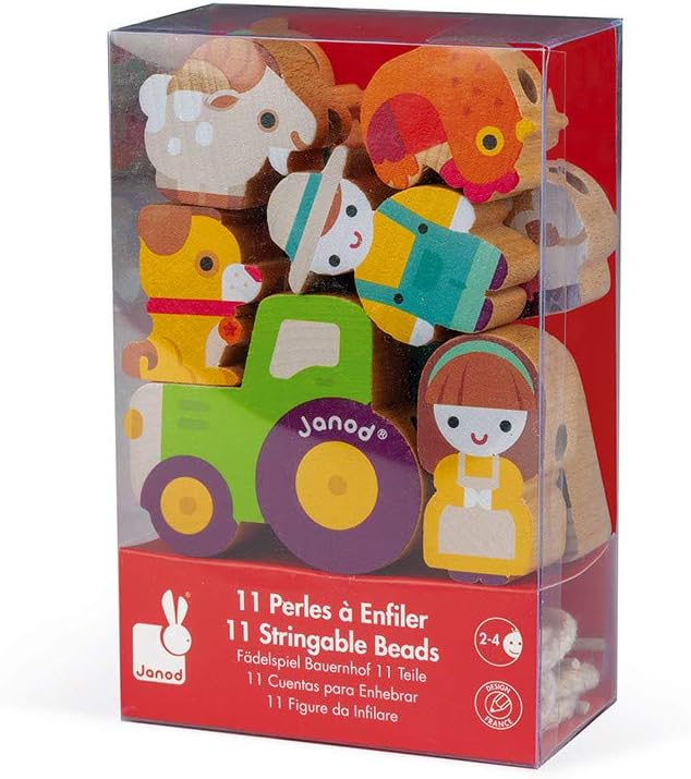 Janod - Set of 11 Solid Wood Bead Figurines - Double Sided - Farm Theme - From 2 years, J05315 Gesch