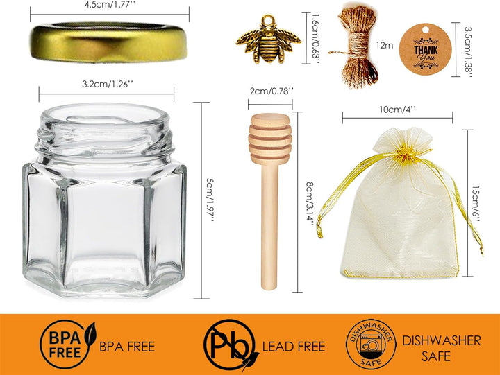 DnayDkiy 40er Set Mini Sechseckige Glas Honig Gläser mit Dippers und Charm-Anhängern - Perfekt als G