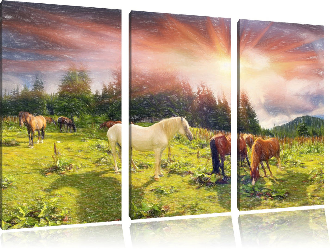 Pixxprint Mustangs Pferde auf den Bergen als Leinwandbild/Grösse: 3 Teilig (120x80 cm) cm/Wandbild/K