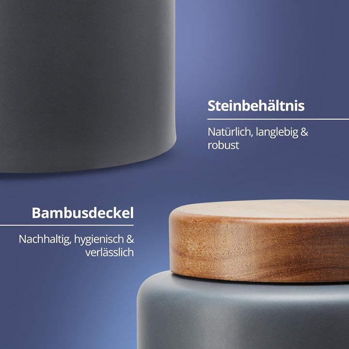 KHG Knoblauchdose 13,5cm x 13cm, Keramik Steingut in Anthrazit Grau mit Holz-Deckel aus Bambus, rund