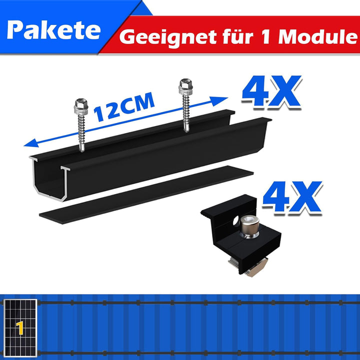 Warmfay Solarmodul Halterung Montageset, Schwarzes 12CM Aluprofil und Verstellbare Klammern Befestig
