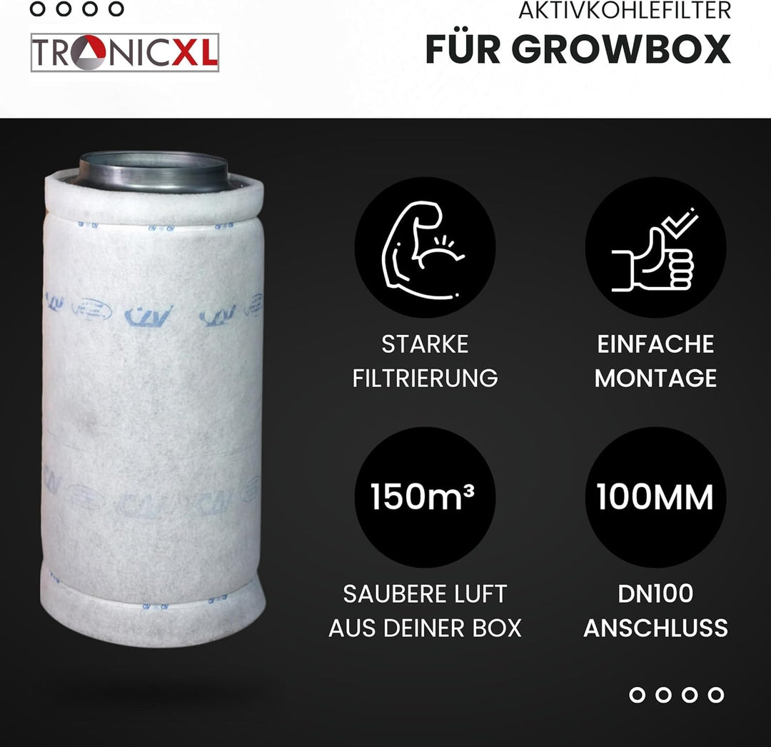 Grow Abluft Set 100mm leise mit Aktivkohlefilter Aufhängung Belüftungsset für Growbox Lüfter Abluftl