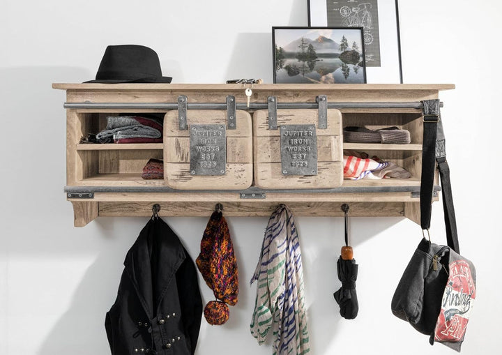 MASSIVMOEBEL24.DE Railway Wandgarderobe 115x30x45 Mango, Farbe:beige lackiert, Grösse:115x30x45 cm (