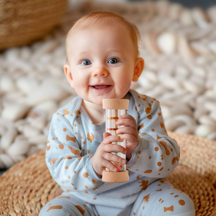 WOODEN TEETHER Regenmacher Rassel Baby – Holz Musikspielzeug mit Beruhigendem Regenklang, Sensorisch