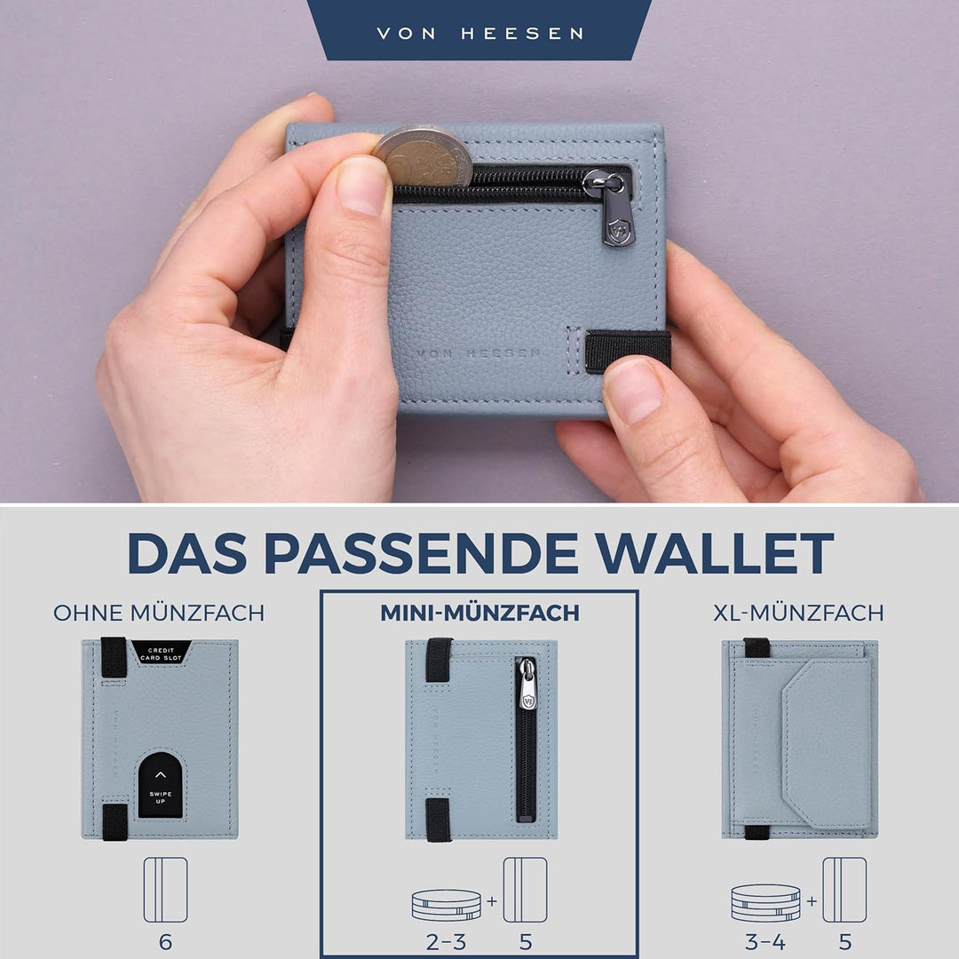 VON HEESEN Slim Wallet mit Münzfach &amp; RFID-Schutz - Leder Geldbeutel - Mini Geldbörse für Herren und