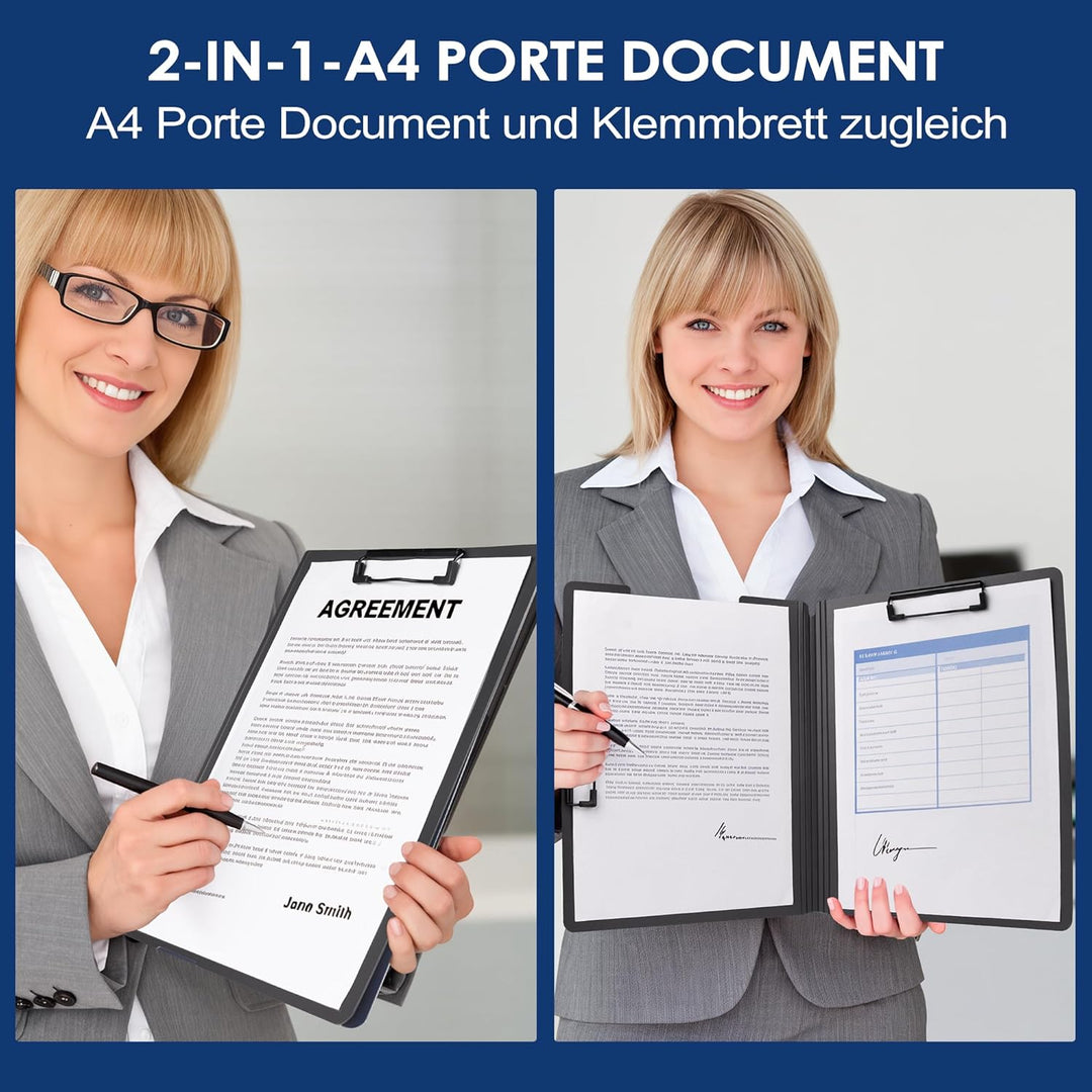 2er Pack Klemmbrett A4, Schreibmappe A4 mit 2 Klemmen, Klemmbrett mit Deckel, Klemmbretter für Büro,
