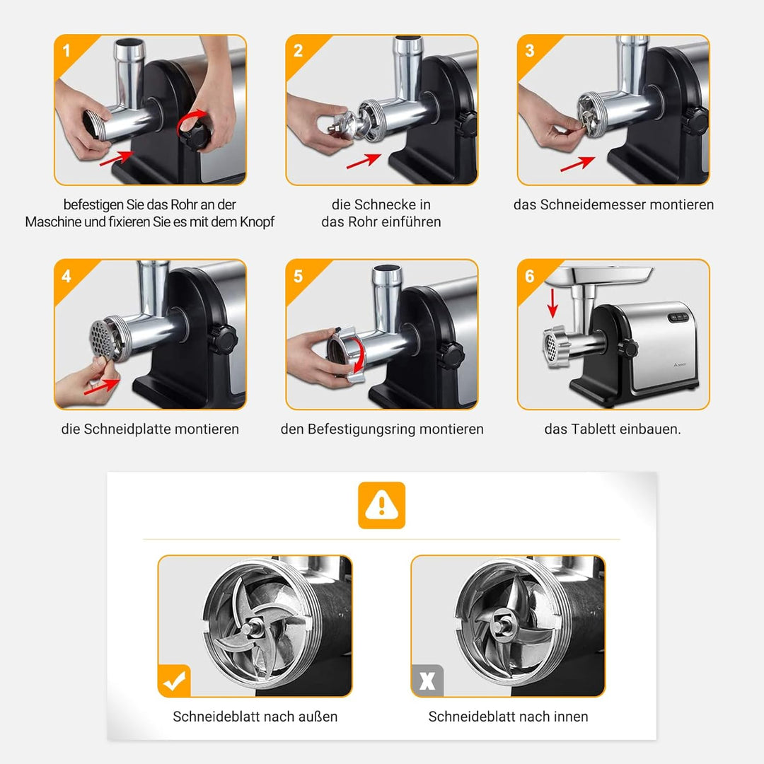 AOBOSI 3-In-1 Fleischwolf Elektrisch Mit 3 Edelstahl-Schleifplatten,1 Kubbe & 3 Wurstfüllrohren, [30