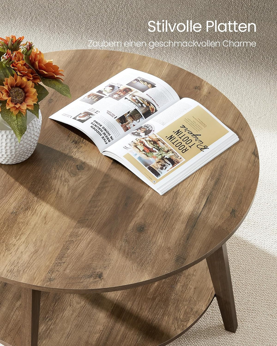 VASAGLE Couchtisch rund, Wohnzimmertisch 2 Ebenen, Kaffeetisch für Wohnzimmer, 80 cm d, 45 cm H, ein